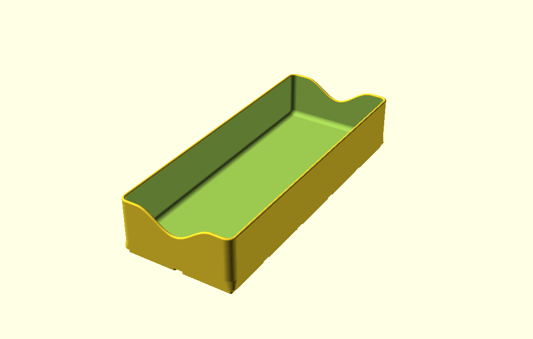 OpenSCAD render of a long rectangular drawer bin with a rounded rolled rim and a scooped finger dip at each end.