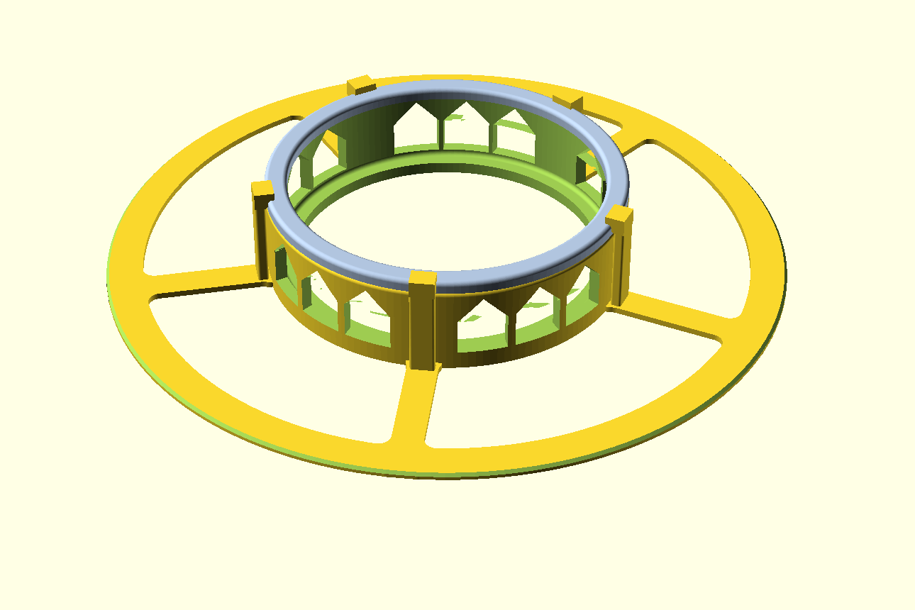 OpenSCAD render of the assembled skimmer light collar: a wide spoked outer ring surrounding a cylindrical windowed hub with small gabled windows, capped by a gray lid ring hooked over the snap posts.